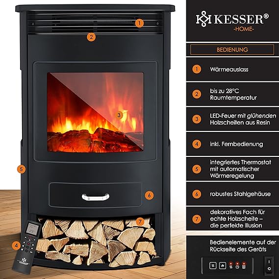 KESSER® Prio Elektrokamin mit Heizung & Fernbedienung, 950/1900W, Realistischer LED-Flammeneffekt, 3-Seiten-Panoramafenster, Thermostat & Timer, Standkamin