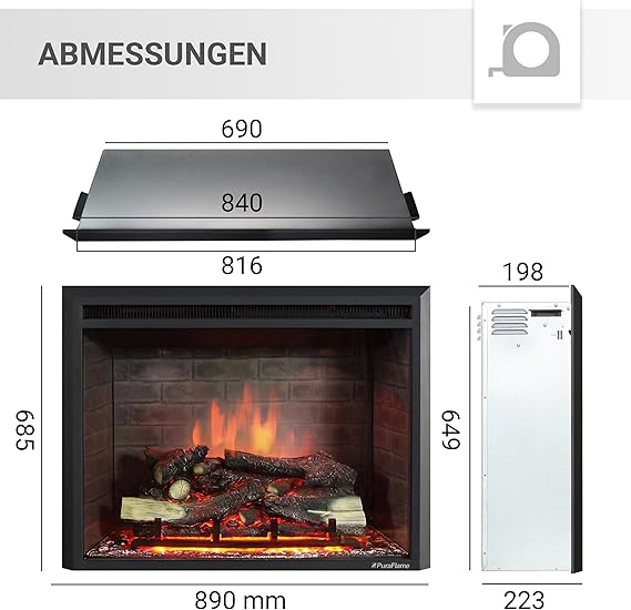 RICHEN EF4XC Elektrokamin mit Heizung – 3D-Flammeneffekt & Knistergeräusch, Fernbedienung, Elektrischer Standkamin in Schwarz