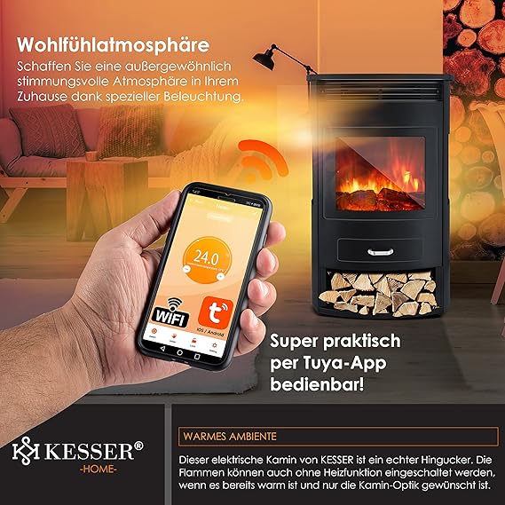 KESSER® Prio Elektrokamin mit Heizung & Fernbedienung, 950/1900W, Realistischer LED-Flammeneffekt, 3-Seiten-Panoramafenster, Thermostat & Timer, Standkamin