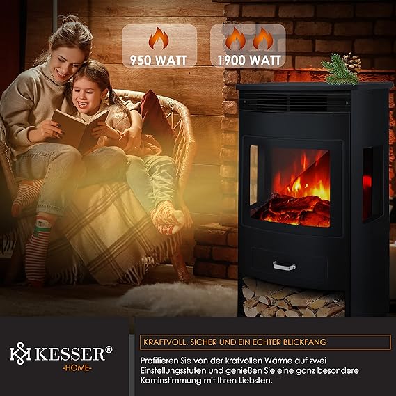 KESSER® Prio Elektrokamin mit Heizung & Fernbedienung, 950/1900W, Realistischer LED-Flammeneffekt, 3-Seiten-Panoramafenster, Thermostat & Timer, Standkamin