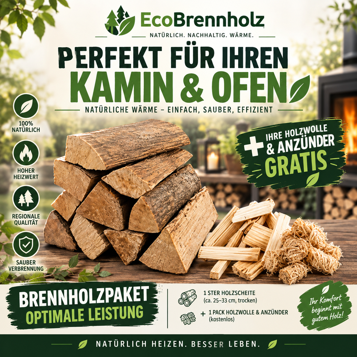 Hochleistungs-Brennholz, Bündel à 2.000 dm³ – 30 cm lange Scheite + Anzündholz gratis