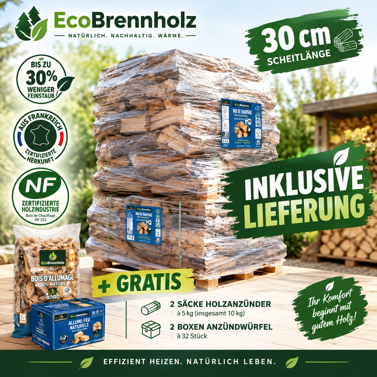 Woodstock-Schnupperpaket – 40 Packungen verdichtete Holzscheite + 1.300 dm Holzscheite (30 cm) + Anzündholz gratis