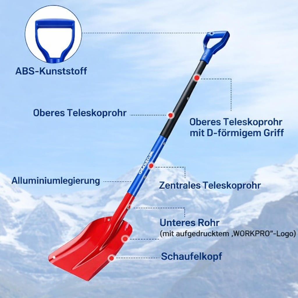 Verstellbare Aluminium-Schneeschaufel mit Teleskopstiel und Aufbewahrungstasche