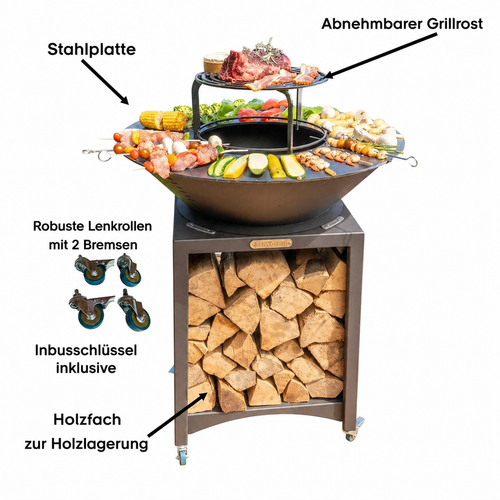 FIESTA Hohe Feuerstelle mit abnehmbarer Stahlplatte und Grillrost, Grillplatte für den Außenbereich, Ø 75 cm