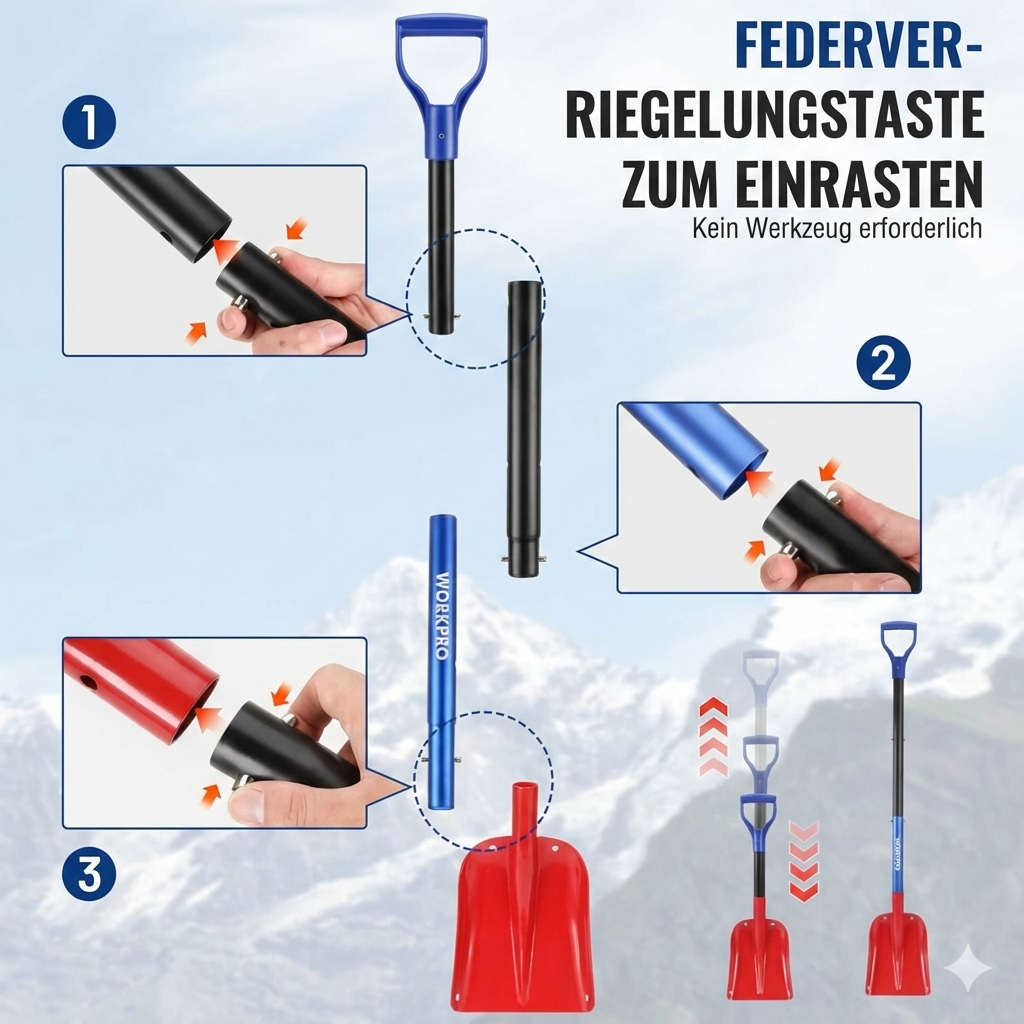 Verstellbare Aluminium-Schneeschaufel mit Teleskopstiel und Aufbewahrungstasche