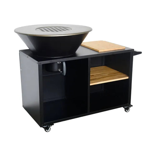 Stromboli Feuerstelle mit Grillfunktion, 80 cm Durchmesser – schwarz, mit Grillrost und Stauraum. B 138 x T 82 x H 114 cm