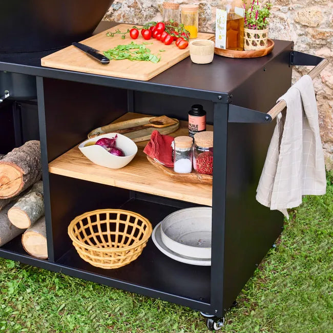 Stromboli Feuerstelle mit Grillfunktion, 80 cm Durchmesser – schwarz, mit Grillrost und Stauraum. B 138 x T 82 x H 114 cm