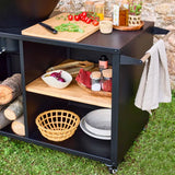 Stromboli Feuerstelle mit Grillfunktion, 80 cm Durchmesser – schwarz, mit Grillrost und Stauraum. B 138 x T 82 x H 114 cm