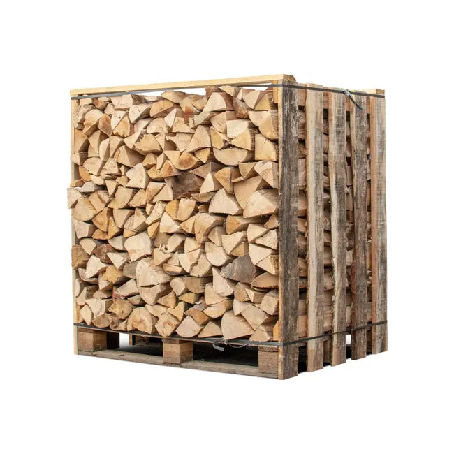 Kiste mit 1,50 Kubikmetern 30 cm Brennholz – Palette mit 1,05 m³ gespaltenem und geschnittenem Holz (Eiche/Buche/Kastanie).
