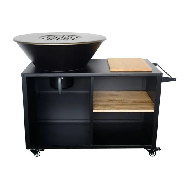 Stromboli Feuerstelle mit Grillfunktion, 80 cm Durchmesser – schwarz, mit Grillrost und Stauraum. B 138 x T 82 x H 114 cm