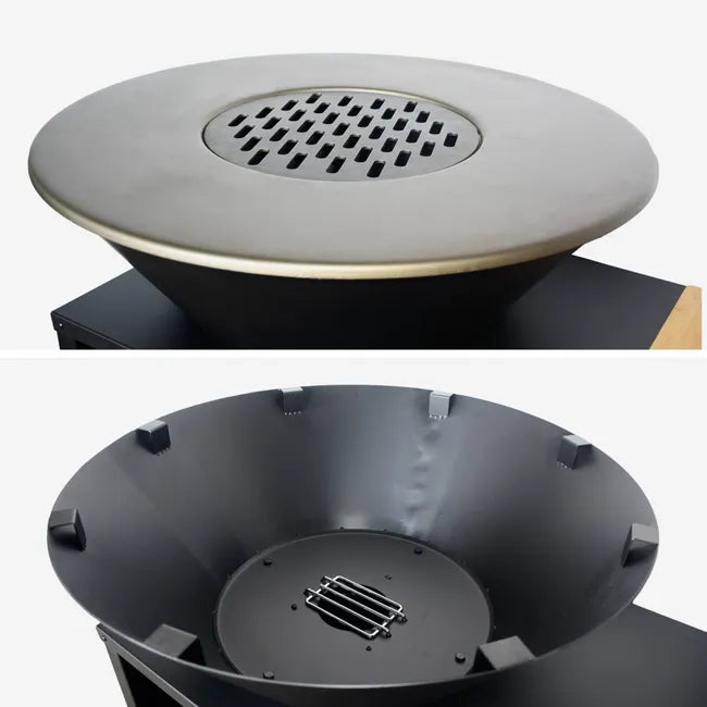 Stromboli Feuerstelle mit Grillfunktion, 80 cm Durchmesser – schwarz, mit Grillrost und Stauraum. B 138 x T 82 x H 114 cm