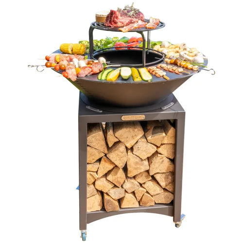 FIESTA Hohe Feuerstelle mit abnehmbarer Stahlplatte und Grillrost, Grillplatte für den Außenbereich, Ø 75 cm