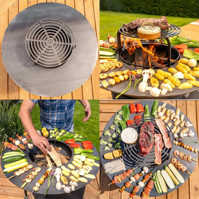 FIESTA Hohe Feuerstelle mit abnehmbarer Stahlplatte und Grillrost, Grillplatte für den Außenbereich, Ø 75 cm