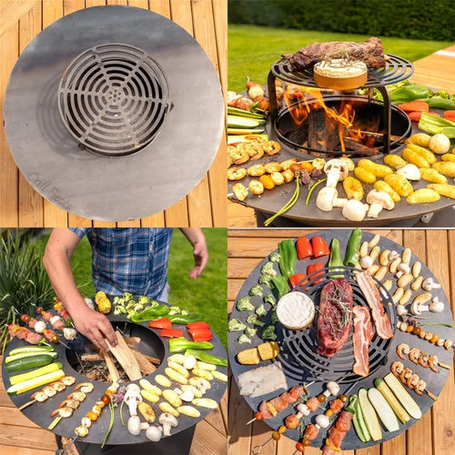 FIESTA Hohe Feuerstelle mit abnehmbarer Stahlplatte und Grillrost, Grillplatte für den Außenbereich, Ø 75 cm