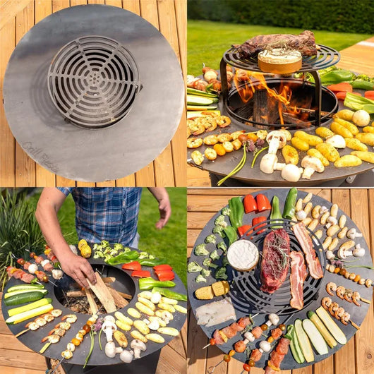 FIESTA Hohe Feuerstelle mit abnehmbarer Stahlplatte und Grillrost, Grillplatte für den Außenbereich, Ø 75 cm